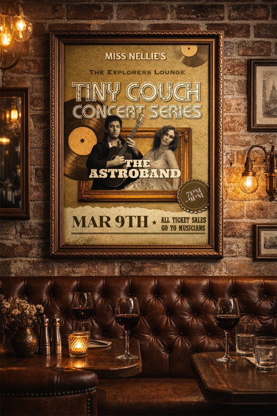 Miss Nellie's Tiny Couch Concert Series poster design, framed on a brick wall above a leather banquette