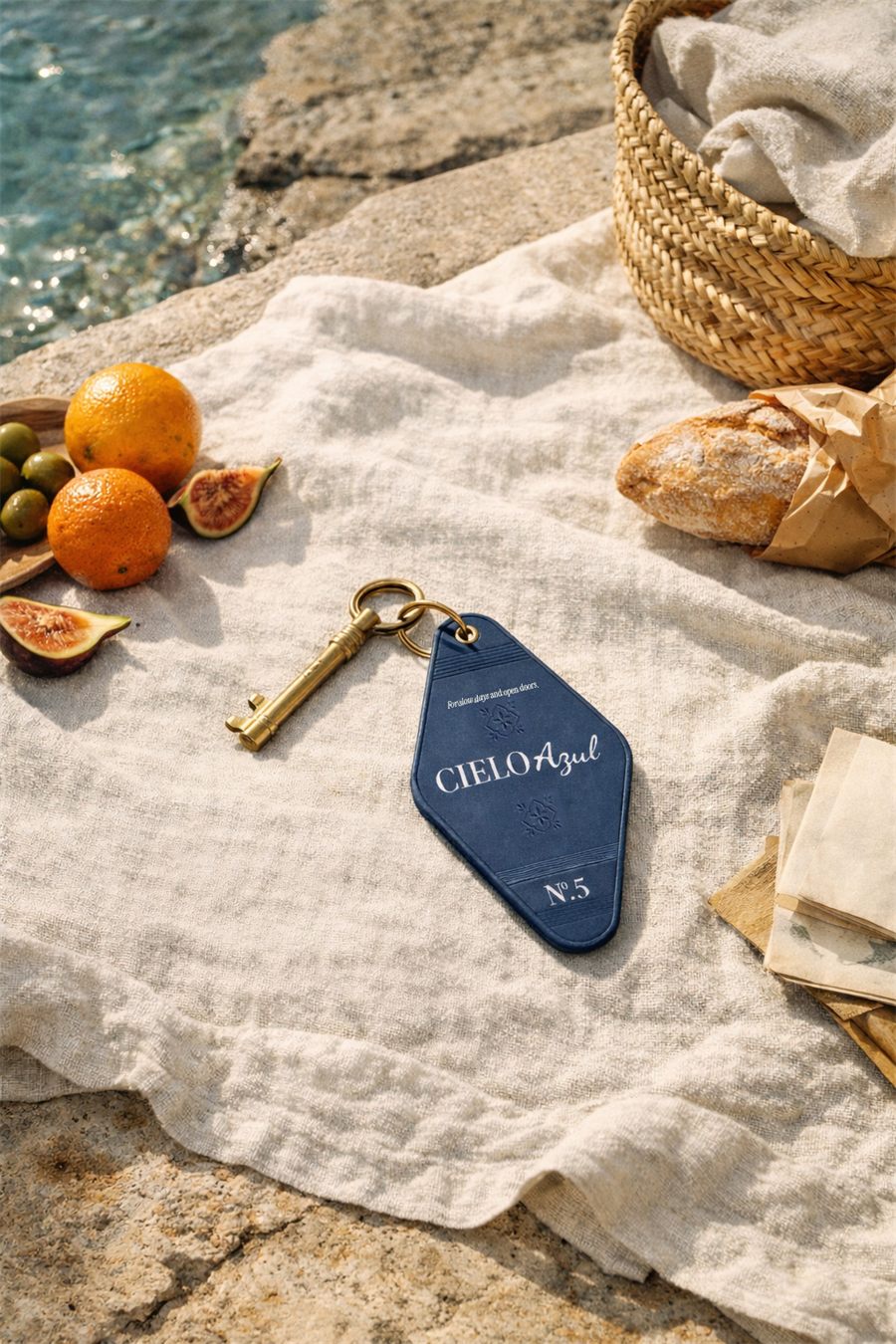 Cielo Azul hotel key tag design: navy tag with a brass key on a linen blanket beside oranges, figs and bread